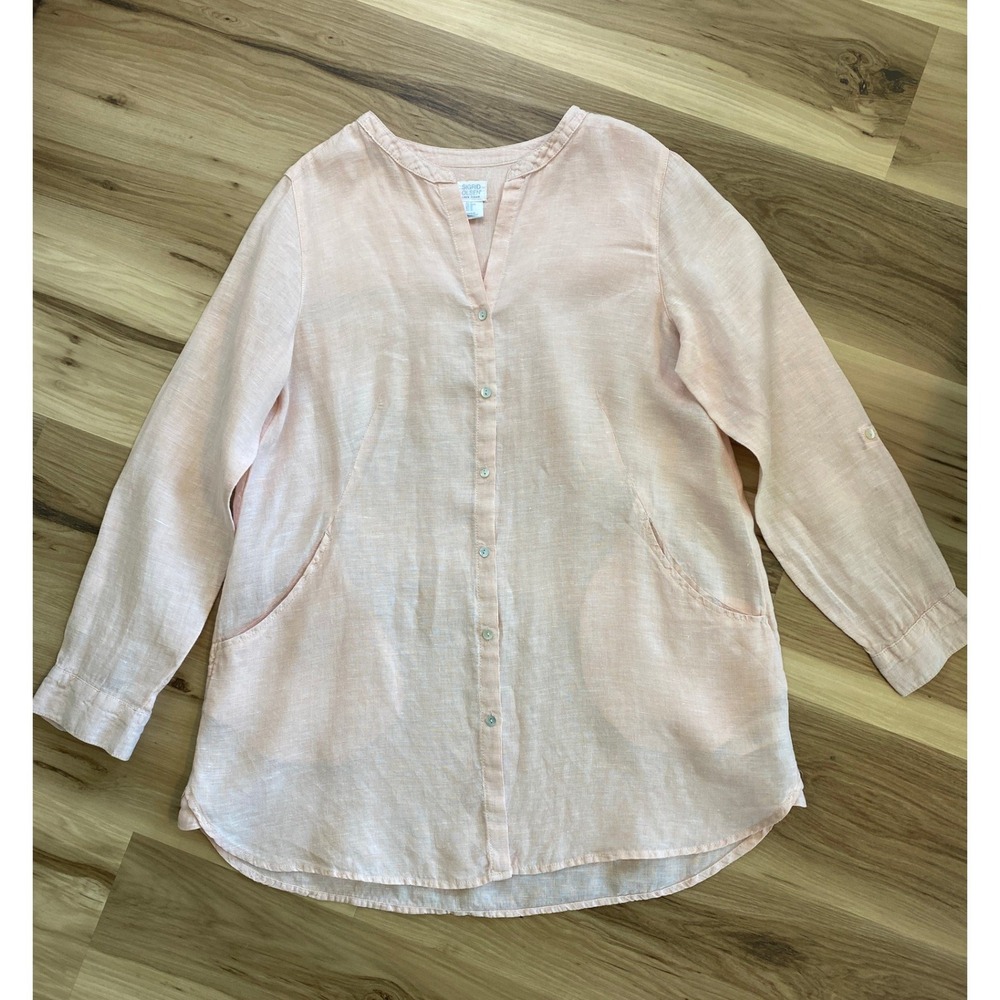 Sigrid Olsen Pink 100% Linen Button Down Tunic Top Roll Tab Sleeve Womens Medium